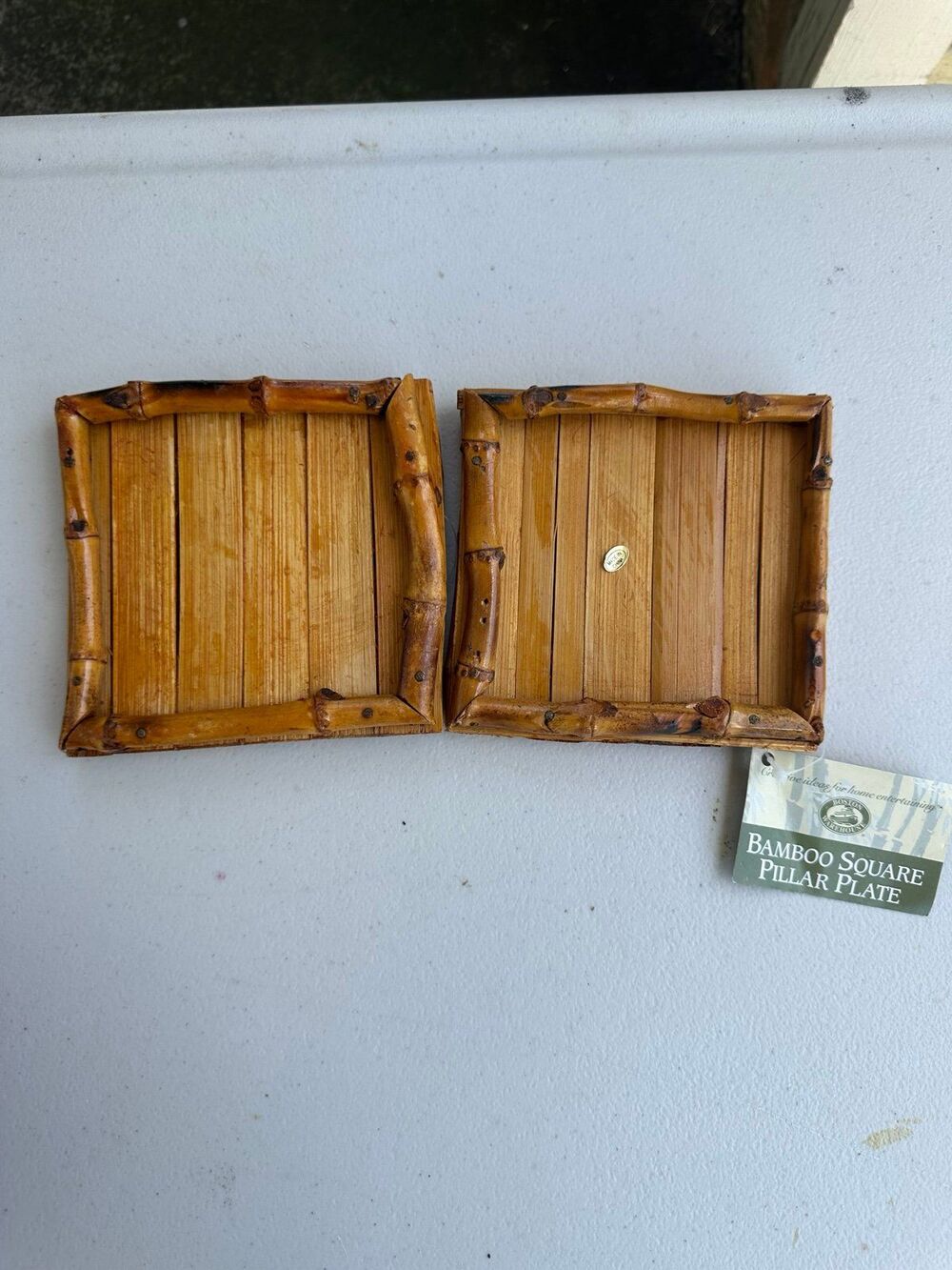 NWT Boston Warehouse Vintage Set Of 2 Glazed Bamboo Square Pillar Plates